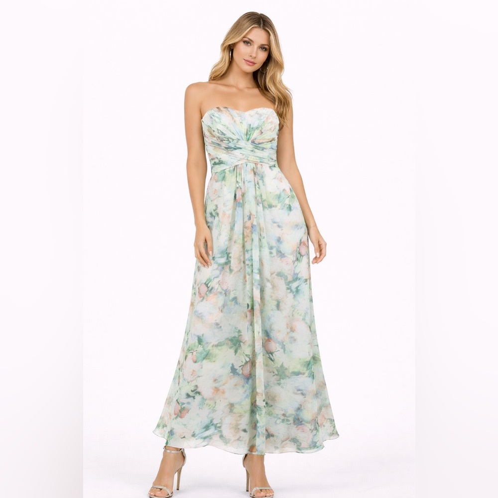 David's Bridal Strapless Pastel Floral Maxi Dress